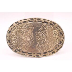 Western Scroll Ornate Filigree Belt Buckle Engraved Black Edge Gold Tone Vintage